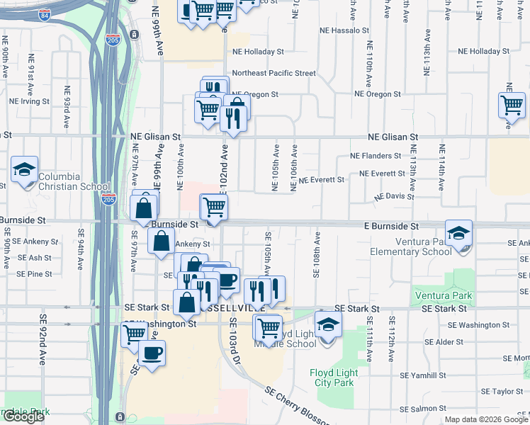 map of restaurants, bars, coffee shops, grocery stores, and more near 10451 East Burnside Street in Portland
