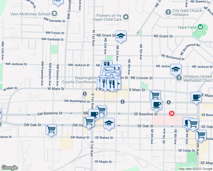 map of restaurants, bars, coffee shops, grocery stores, and more near 158 Northeast 2nd Avenue in Hillsboro