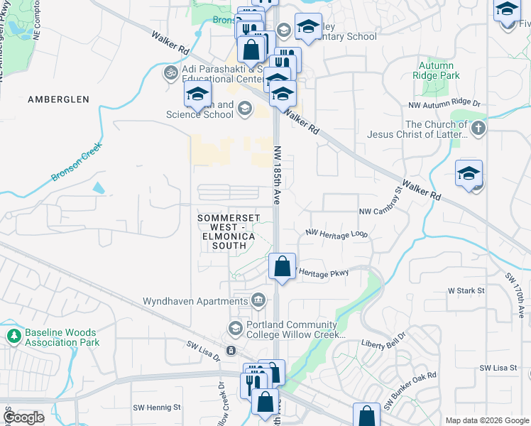 map of restaurants, bars, coffee shops, grocery stores, and more near 485 Northwest 185th Avenue in Hillsboro