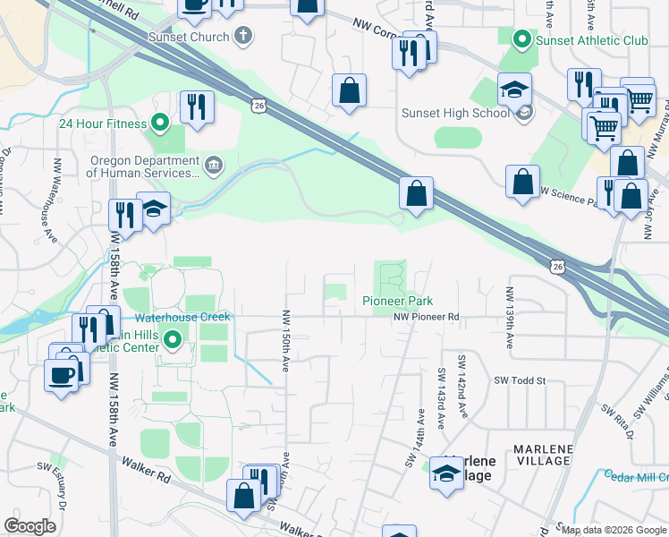 map of restaurants, bars, coffee shops, grocery stores, and more near 14771 Northwest Glacier Lane in Beaverton