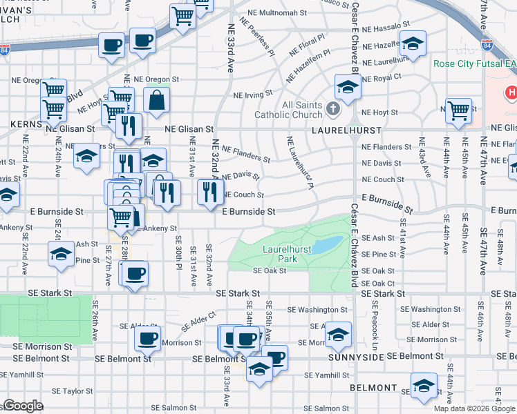 map of restaurants, bars, coffee shops, grocery stores, and more near 7 Northeast Floral Place in Portland