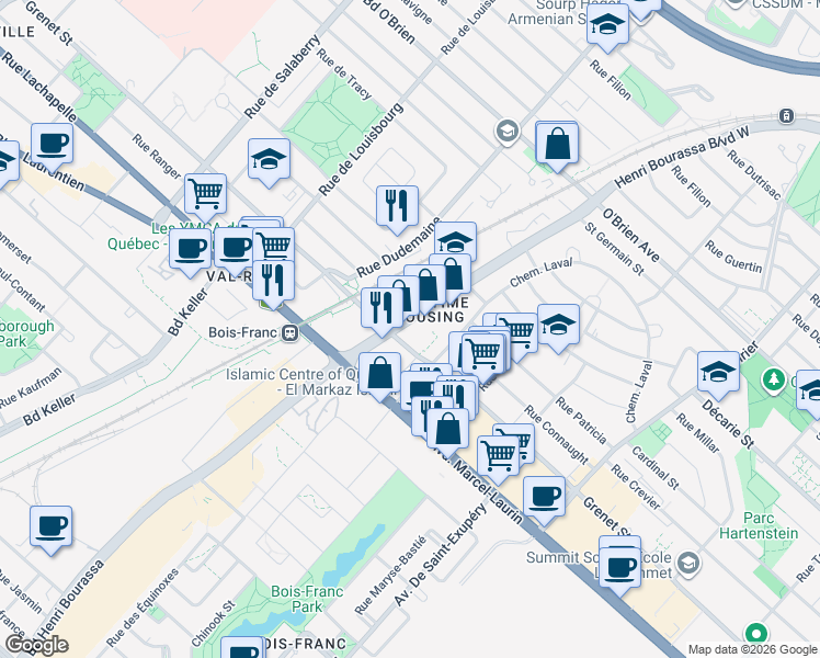map of restaurants, bars, coffee shops, grocery stores, and more near 4700 Boulevard Henri-Bourassa Ouest in Montréal