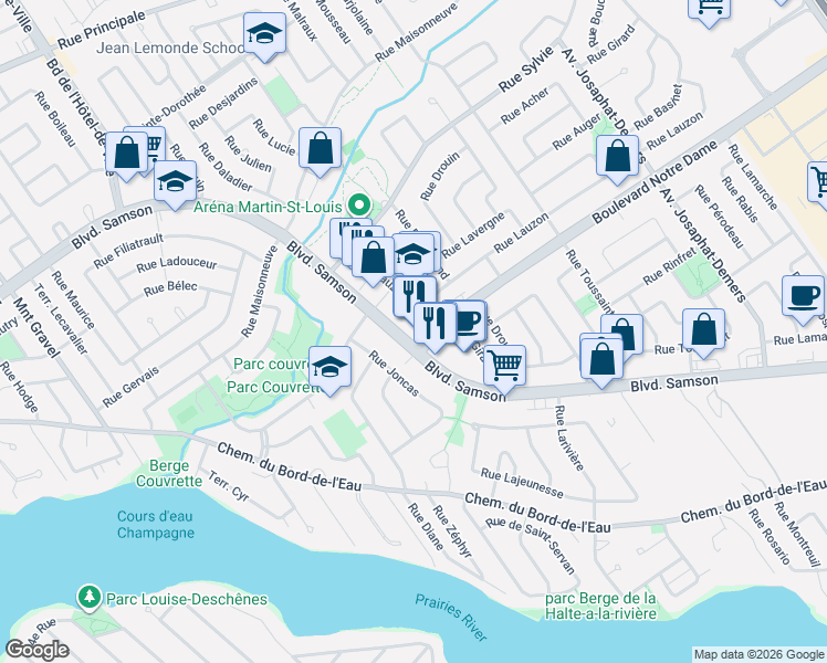 map of restaurants, bars, coffee shops, grocery stores, and more near 275 Boulevard Samson in Laval