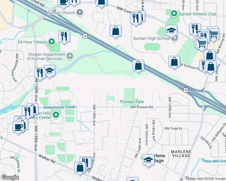 map of restaurants, bars, coffee shops, grocery stores, and more near 14771 Northwest Glacier Lane in Beaverton