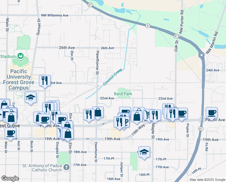 map of restaurants, bars, coffee shops, grocery stores, and more near 2813 22nd Avenue in Forest Grove