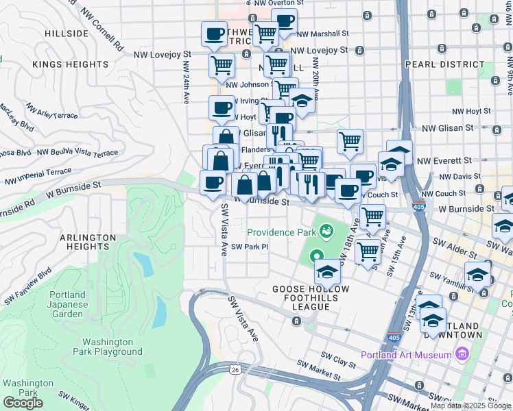 map of restaurants, bars, coffee shops, grocery stores, and more near 2190 West Burnside Street in Portland