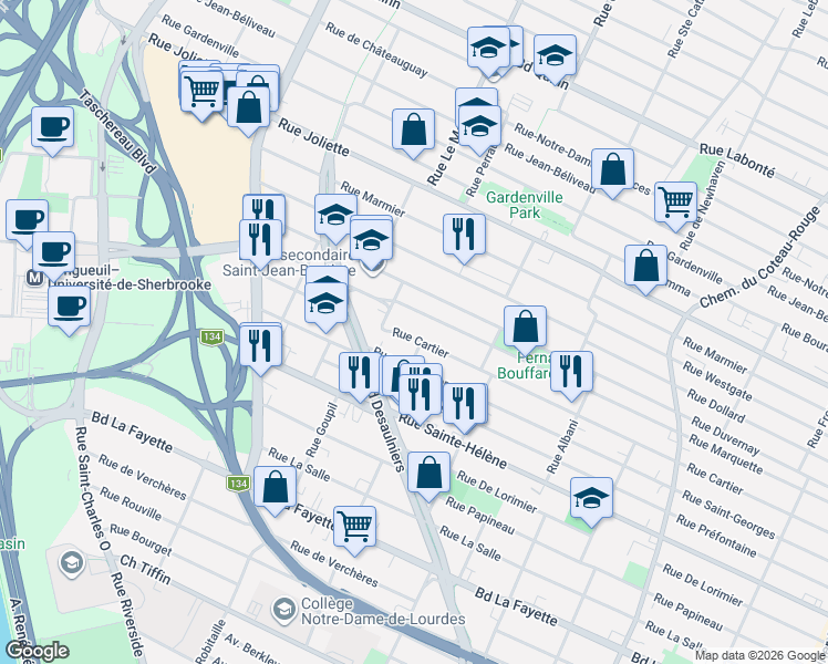 map of restaurants, bars, coffee shops, grocery stores, and more near 821 Rue Cartier in Longueuil