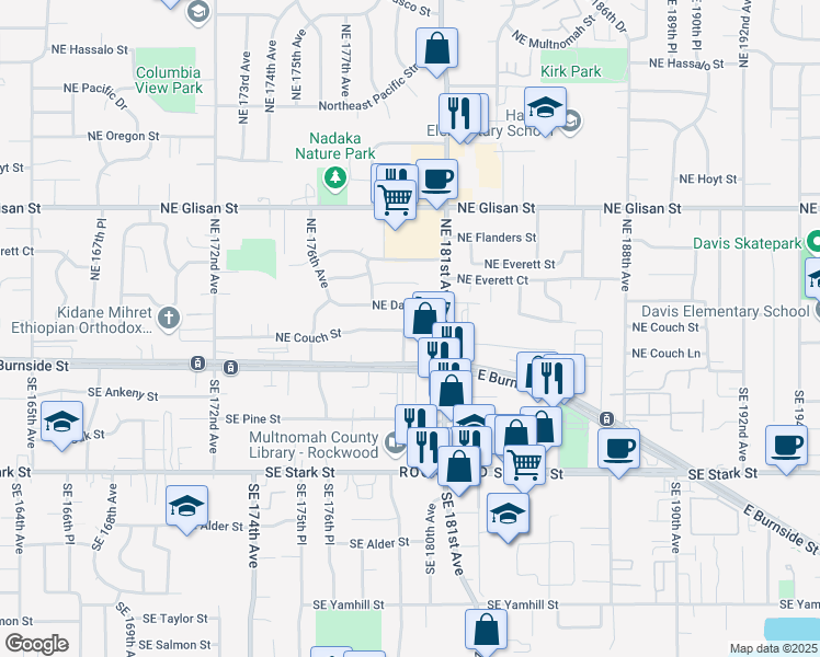 map of restaurants, bars, coffee shops, grocery stores, and more near 18008 Northeast Davis Street in Portland