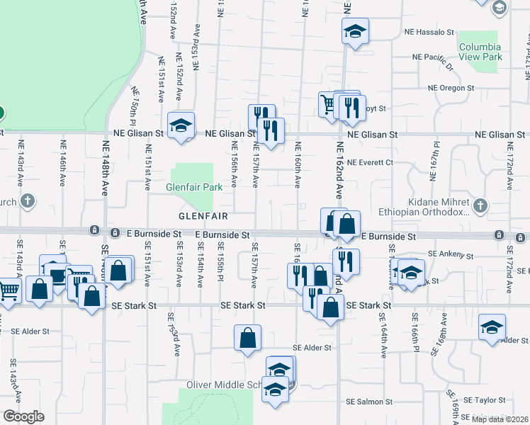 map of restaurants, bars, coffee shops, grocery stores, and more near 15850 Northeast Davis Street in Portland