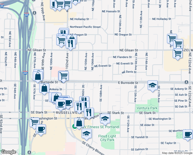 map of restaurants, bars, coffee shops, grocery stores, and more near 43-45 Northeast 108th Avenue in Portland