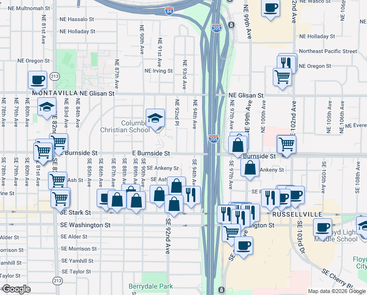 map of restaurants, bars, coffee shops, grocery stores, and more near 118 Northeast 92nd Place in Portland