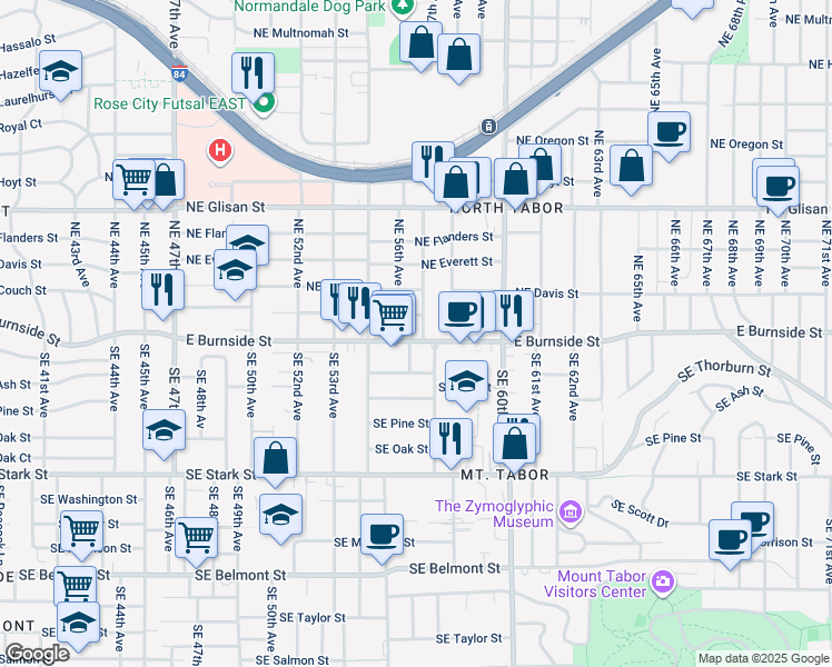 map of restaurants, bars, coffee shops, grocery stores, and more near 39 Northeast 57th Avenue in Portland