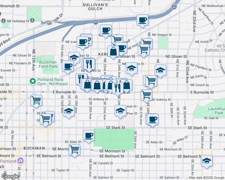 map of restaurants, bars, coffee shops, grocery stores, and more near 2220 Northeast Couch Street in Portland