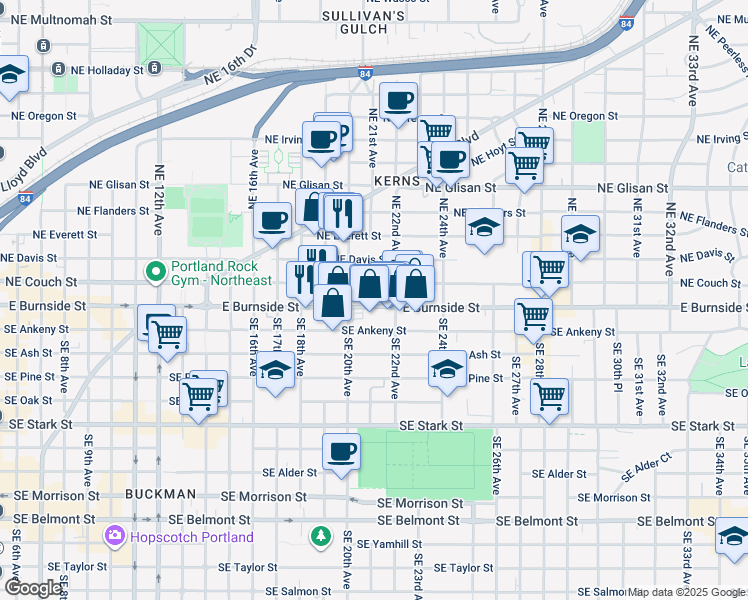 map of restaurants, bars, coffee shops, grocery stores, and more near 2040 Northeast Couch Street in Portland