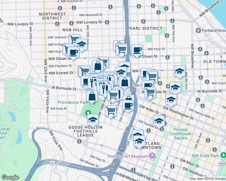 map of restaurants, bars, coffee shops, grocery stores, and more near 1806 Northwest Couch Street in Portland