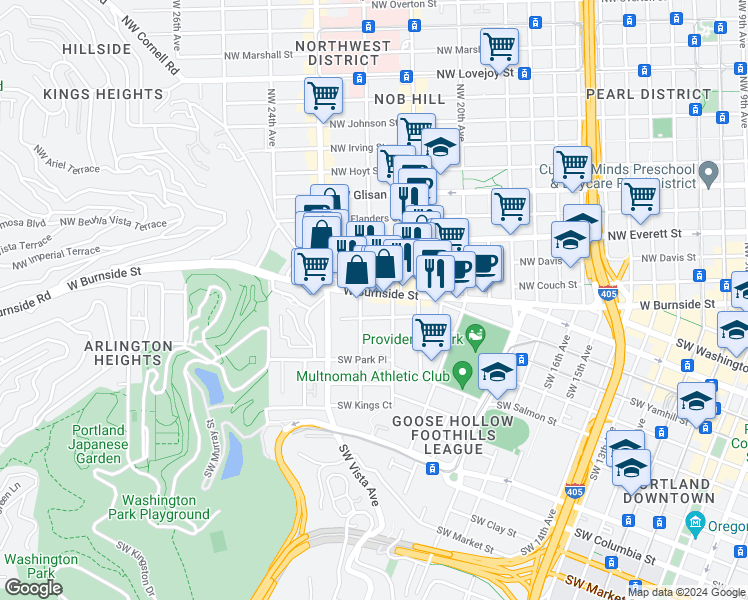 map of restaurants, bars, coffee shops, grocery stores, and more near 2157 West Burnside Street in Portland