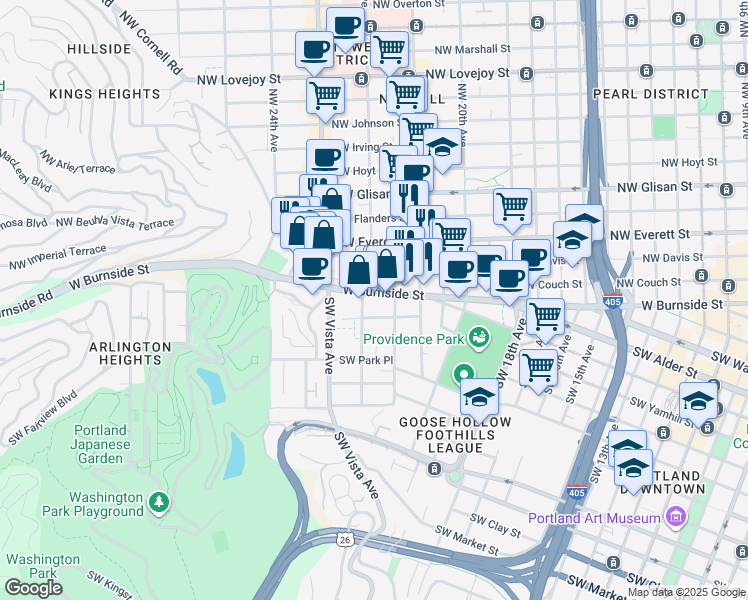 map of restaurants, bars, coffee shops, grocery stores, and more near 2225 West Burnside Street in Portland