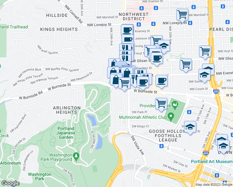 map of restaurants, bars, coffee shops, grocery stores, and more near 2368 West Burnside Street in Portland
