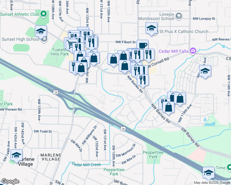map of restaurants, bars, coffee shops, grocery stores, and more near 12882 Northwest Clement Lane in Portland