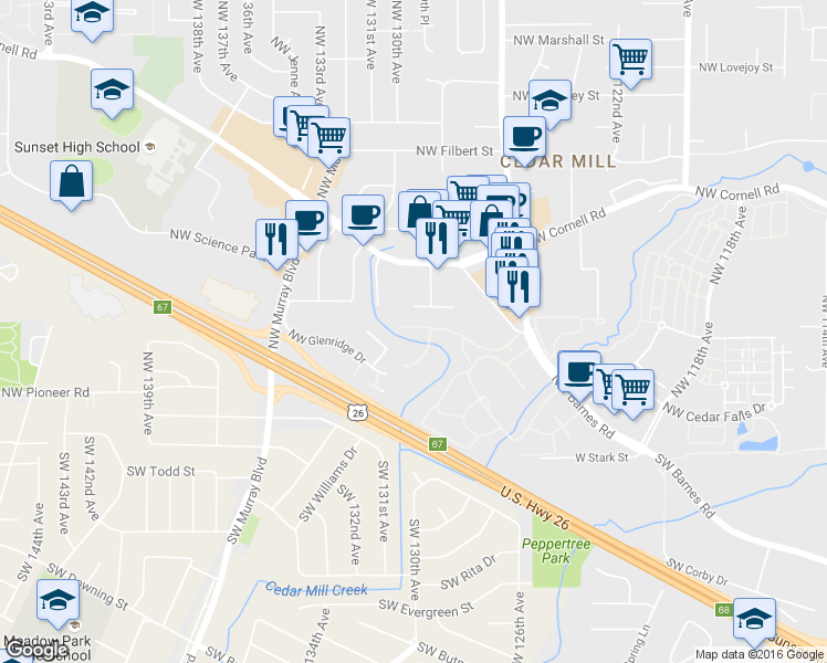 map of restaurants, bars, coffee shops, grocery stores, and more near 13000 Northwest Cornell Road in Portland