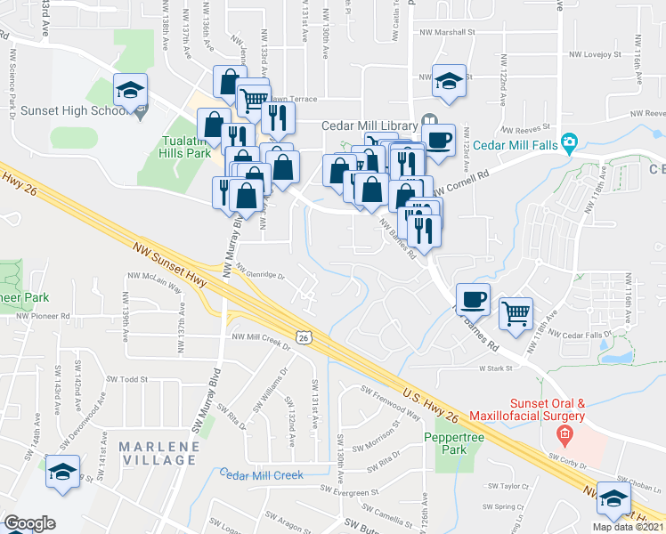 map of restaurants, bars, coffee shops, grocery stores, and more near 13050 Northwest Cornell Road in Portland