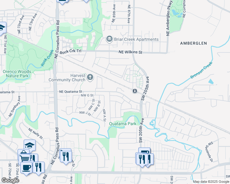 map of restaurants, bars, coffee shops, grocery stores, and more near 8527 Northeast Quatama Street in Hillsboro