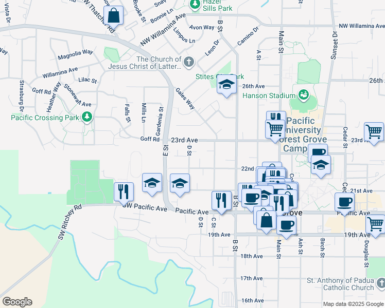 map of restaurants, bars, coffee shops, grocery stores, and more near 2252 D Street in Forest Grove