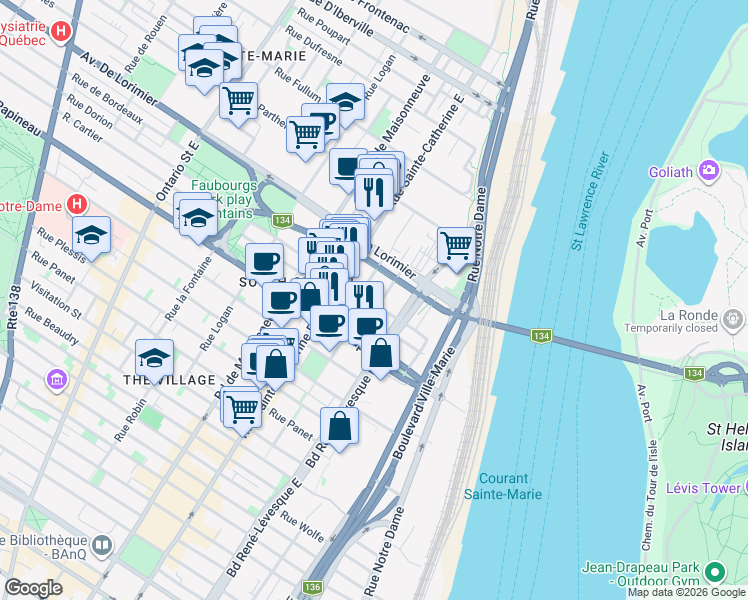 map of restaurants, bars, coffee shops, grocery stores, and more near 1215 Rue Dorion in Montréal
