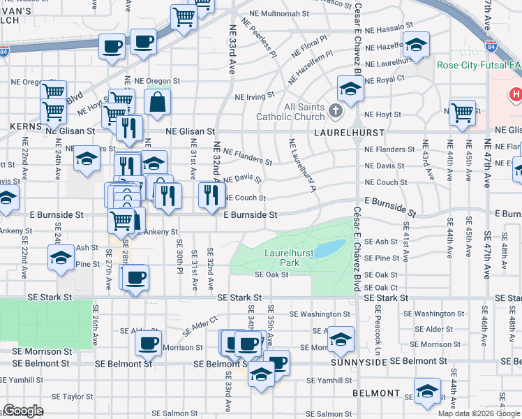 map of restaurants, bars, coffee shops, grocery stores, and more near 7 Northeast Floral Place in Portland