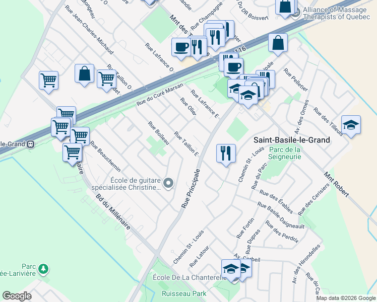 map of restaurants, bars, coffee shops, grocery stores, and more near 10 Rue Taillon Est in Saint-Basile-le-Grand