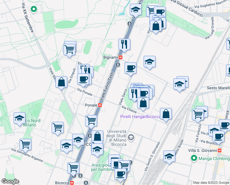 map of restaurants, bars, coffee shops, grocery stores, and more near 280 Viale Fulvio Testi in Milano