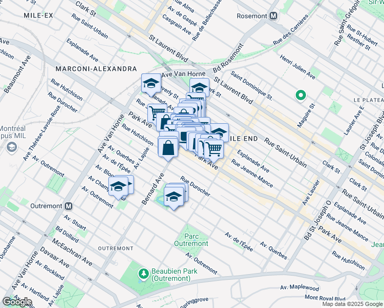 map of restaurants, bars, coffee shops, grocery stores, and more near 5692 Park Avenue in Montreal