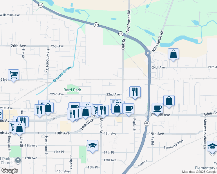 map of restaurants, bars, coffee shops, grocery stores, and more near 3226 22nd Place in Forest Grove
