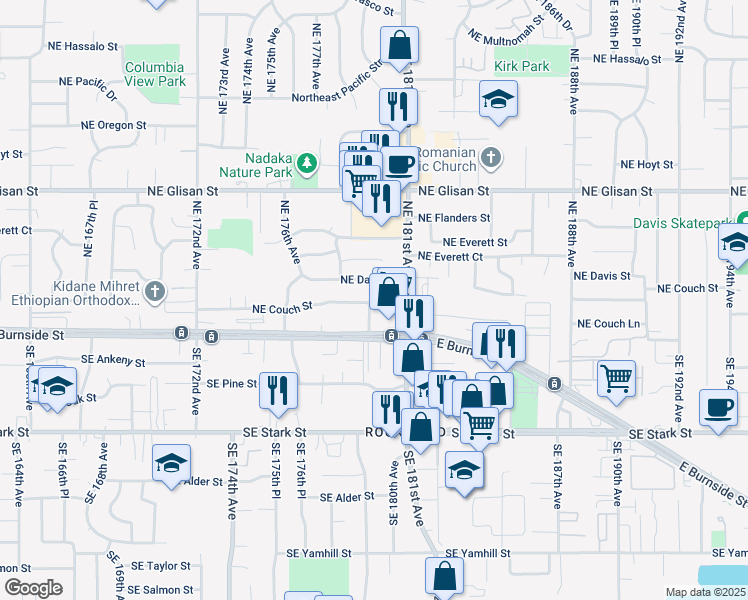 map of restaurants, bars, coffee shops, grocery stores, and more near 18008 Northeast Davis Street in Portland