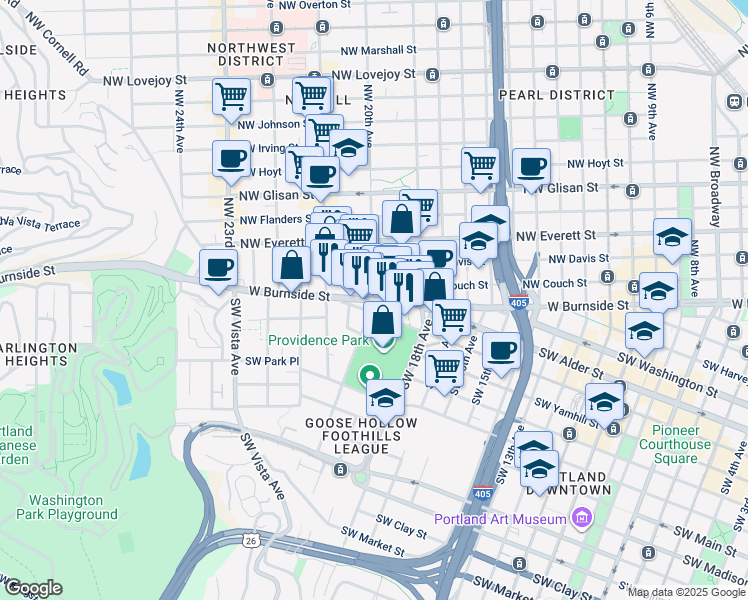 map of restaurants, bars, coffee shops, grocery stores, and more near W Burnside St & NW 20th Ave in Portland