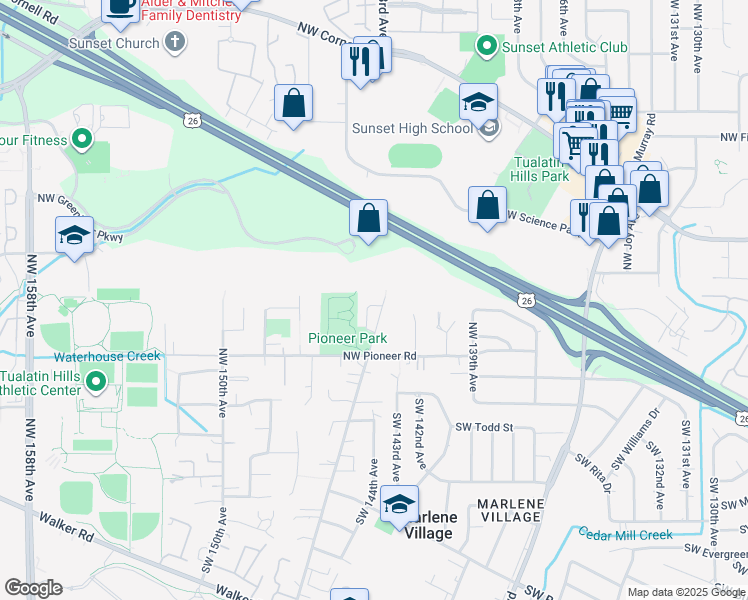 map of restaurants, bars, coffee shops, grocery stores, and more near 14415 Northwest Pioneer Park Way in Beaverton