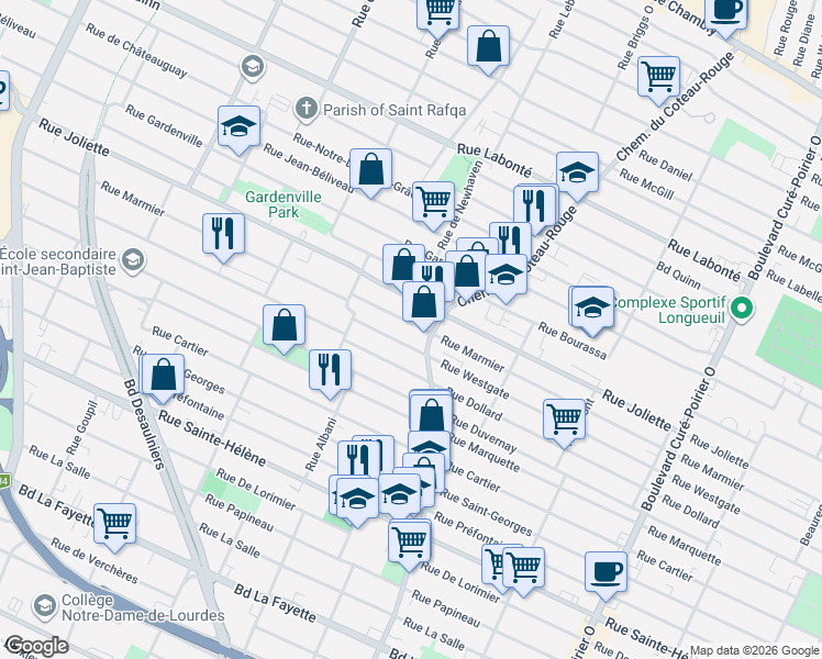 map of restaurants, bars, coffee shops, grocery stores, and more near 1168 Rue Marmier in Longueuil