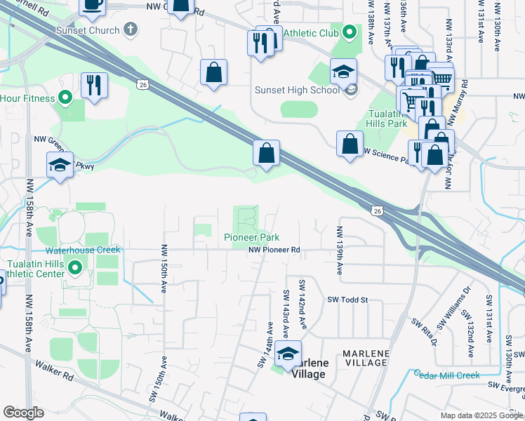 map of restaurants, bars, coffee shops, grocery stores, and more near 14435 Northwest Pioneer Park Way in Beaverton
