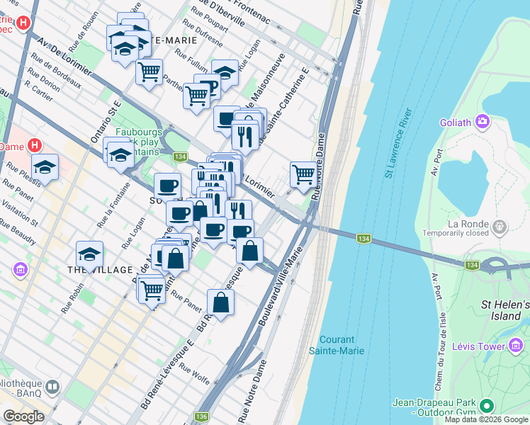 map of restaurants, bars, coffee shops, grocery stores, and more near 2001 Boulevard René-Lévesque Est in Montréal