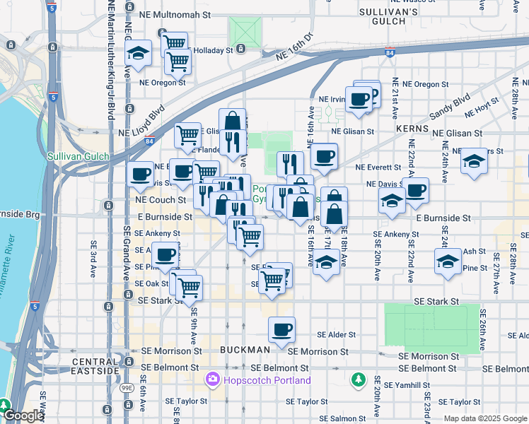 map of restaurants, bars, coffee shops, grocery stores, and more near 1313 East Burnside Street in Portland