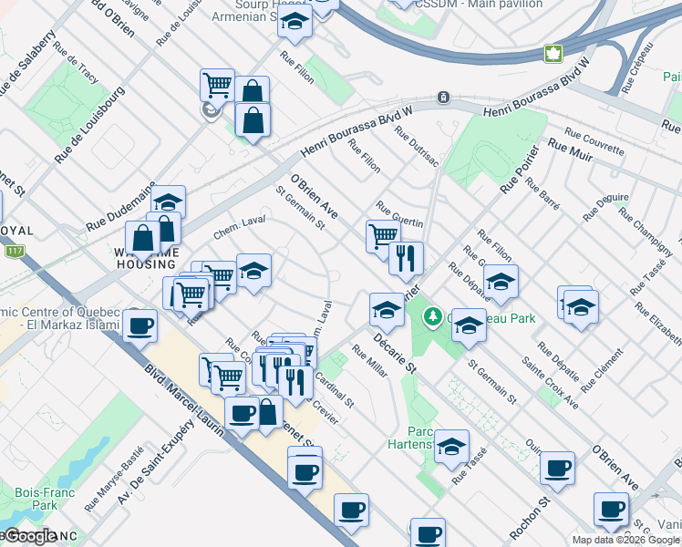 map of restaurants, bars, coffee shops, grocery stores, and more near 1955 Chemin Laval in Montréal