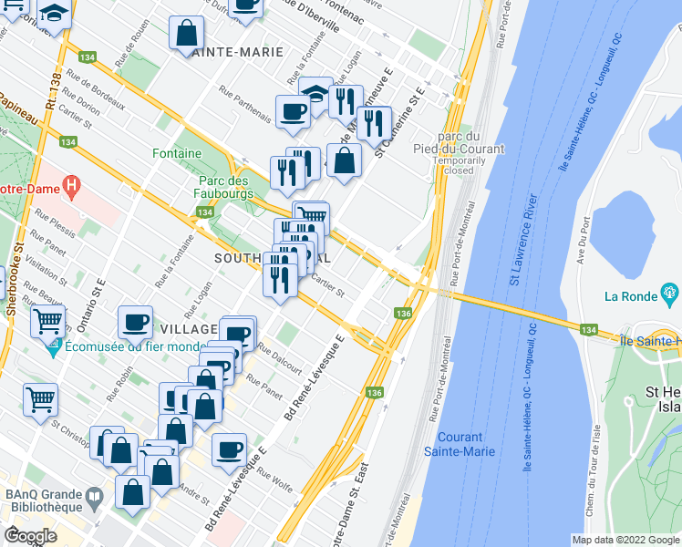 map of restaurants, bars, coffee shops, grocery stores, and more near 1215 Rue Dorion in Montréal