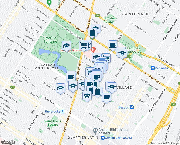 map of restaurants, bars, coffee shops, grocery stores, and more near 2124 Avenue Lartigue in Montréal