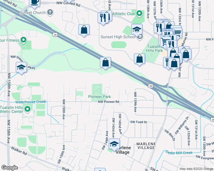 map of restaurants, bars, coffee shops, grocery stores, and more near 14415 Northwest Pioneer Park Way in Beaverton