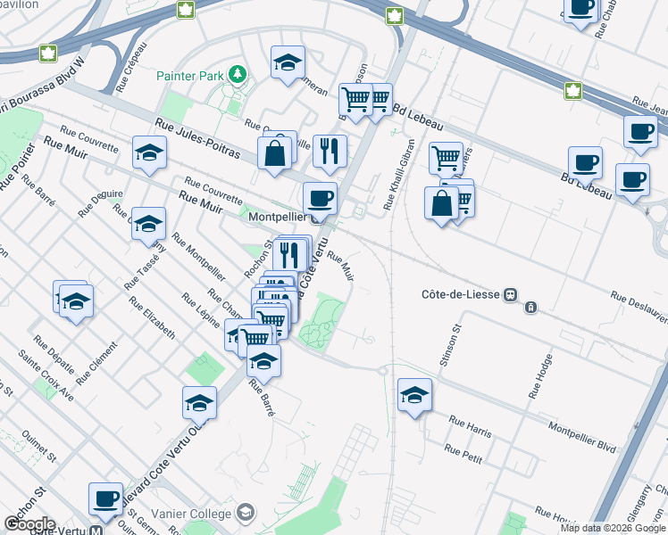 map of restaurants, bars, coffee shops, grocery stores, and more near 950 Rue Muir in Montréal