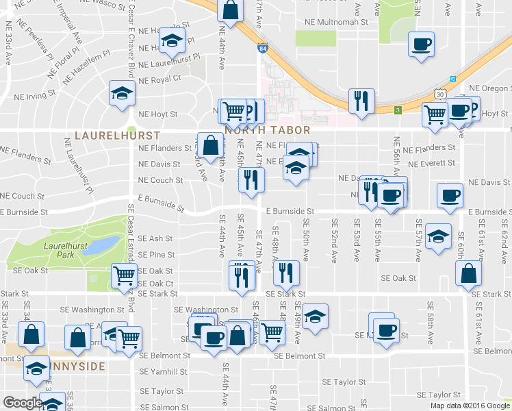 map of restaurants, bars, coffee shops, grocery stores, and more near 4611 E Burnside St in Portland