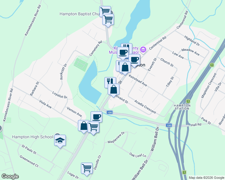 map of restaurants, bars, coffee shops, grocery stores, and more near 563 Main Street in Hampton