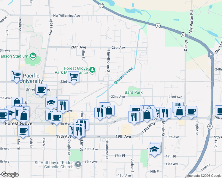 map of restaurants, bars, coffee shops, grocery stores, and more near 2229 Hawthorne Street in Forest Grove