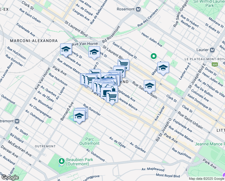 map of restaurants, bars, coffee shops, grocery stores, and more near 221 Rue Saint Viateur Ouest in Montreal
