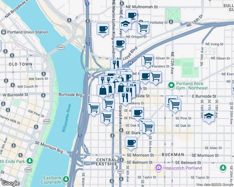 map of restaurants, bars, coffee shops, grocery stores, and more near in Portland